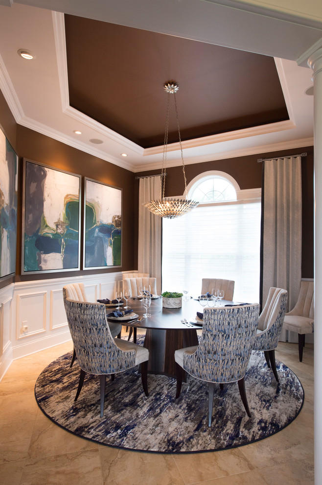 This is an example of a large modern enclosed dining room in Boston with brown walls, ceramic flooring, no fireplace and beige floors.