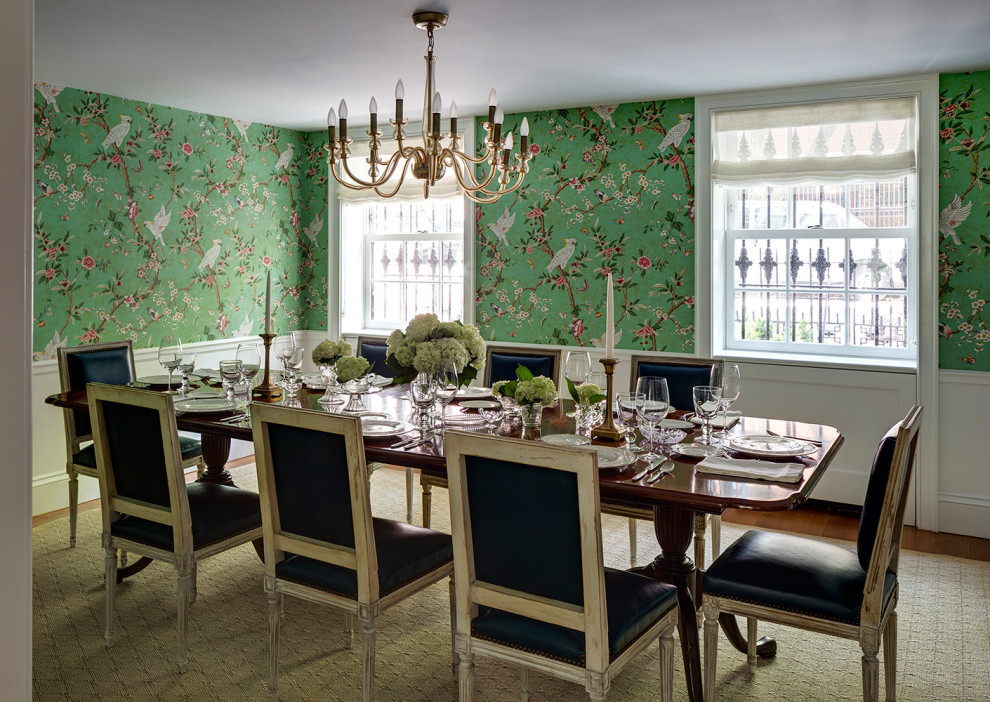 Example of a mid-sized transitional beige floor enclosed dining room design in New York with green walls and no fireplace