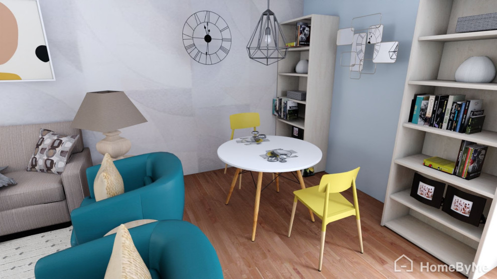 Idée de décoration pour une petite salle à manger vintage avec une banquette d'angle, un mur bleu, parquet foncé et un sol marron.