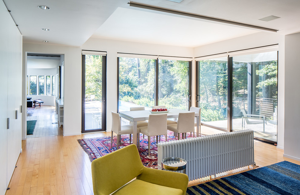 Offenes, Großes Modernes Esszimmer mit weißer Wandfarbe, hellem Holzboden und gelbem Boden in Sonstige