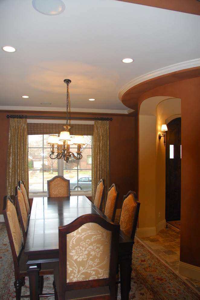 Inspiration for a medium sized classic enclosed dining room in Denver with red walls, carpet and no fireplace.