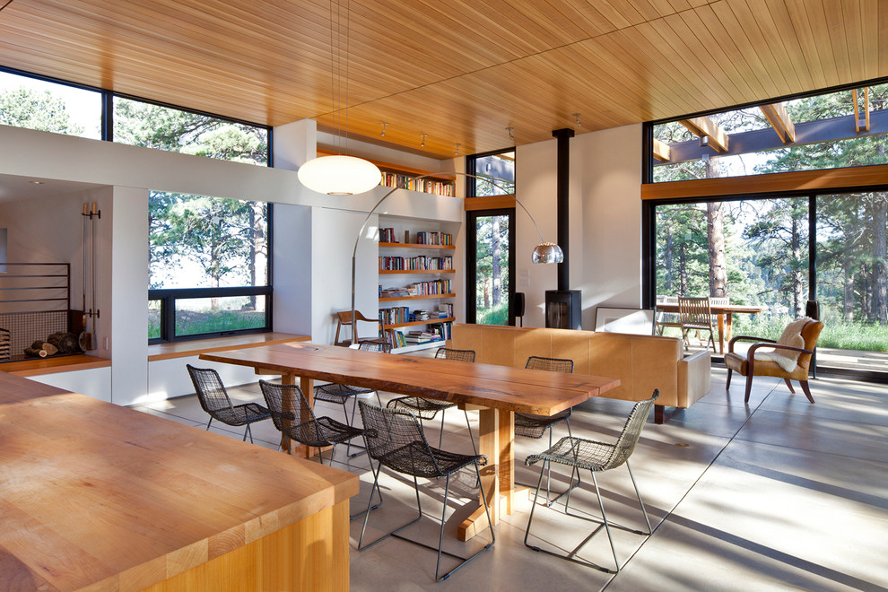 Idee per una sala da pranzo aperta verso il soggiorno minimal di medie dimensioni con pareti bianche, pavimento in cemento e pavimento grigio
