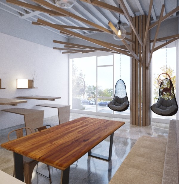 Cette image montre une salle à manger ouverte sur la cuisine minimaliste de taille moyenne avec sol en béton ciré et un sol gris.