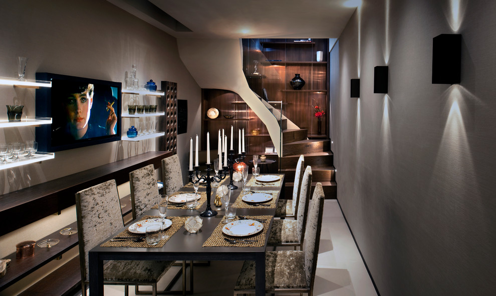 Photo of a contemporary dining room in London with grey walls.