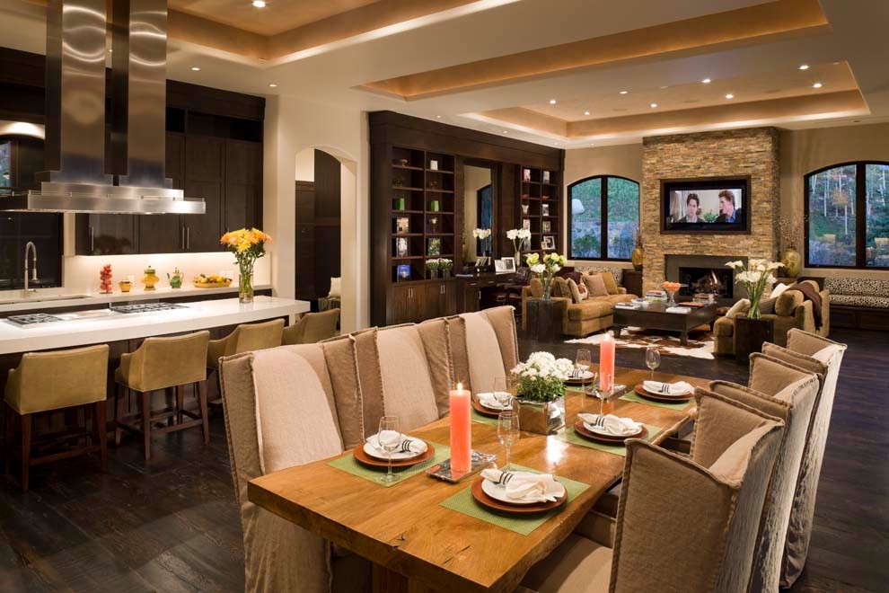 Design ideas for an expansive classic dining room in Denver with dark hardwood flooring.