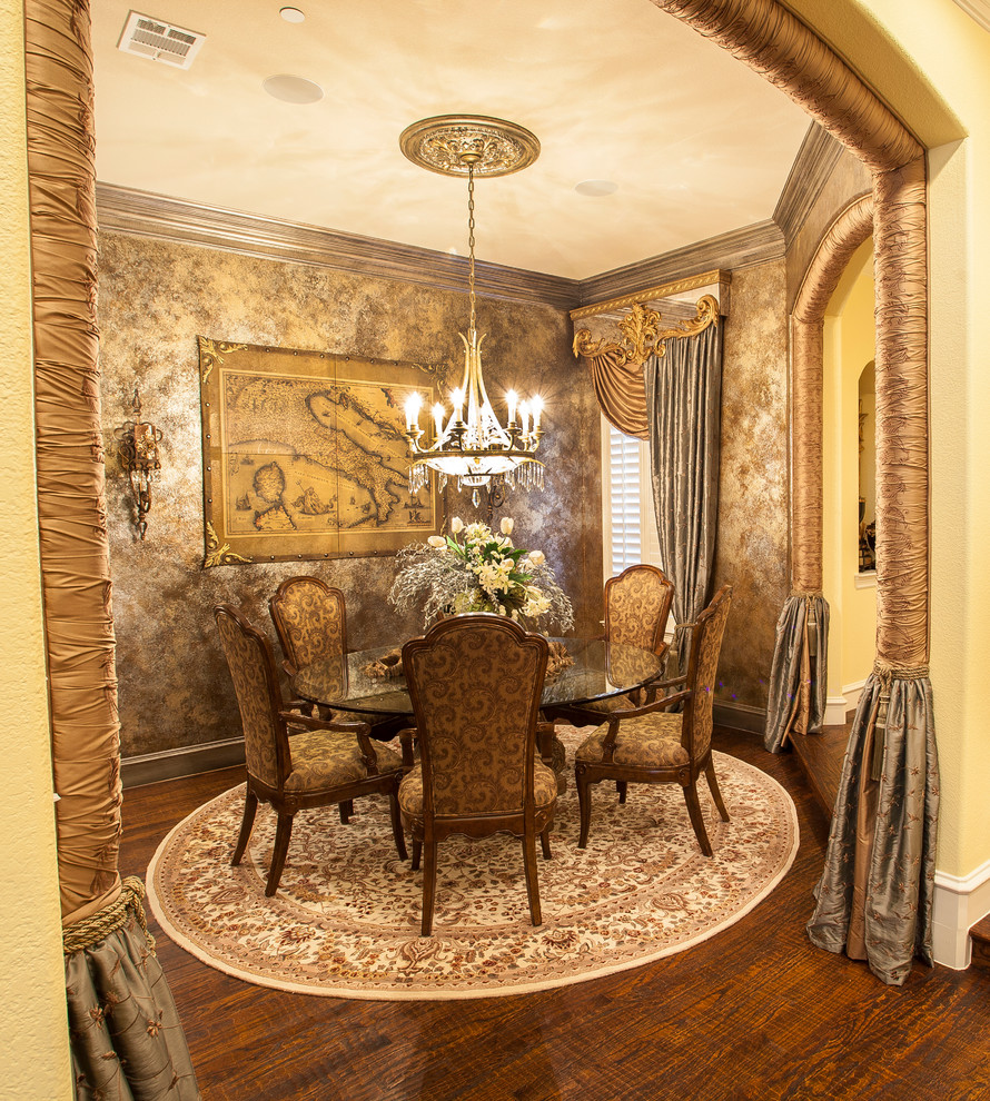 Inspiration for a small mediterranean enclosed dining room in Dallas with dark hardwood flooring and no fireplace.