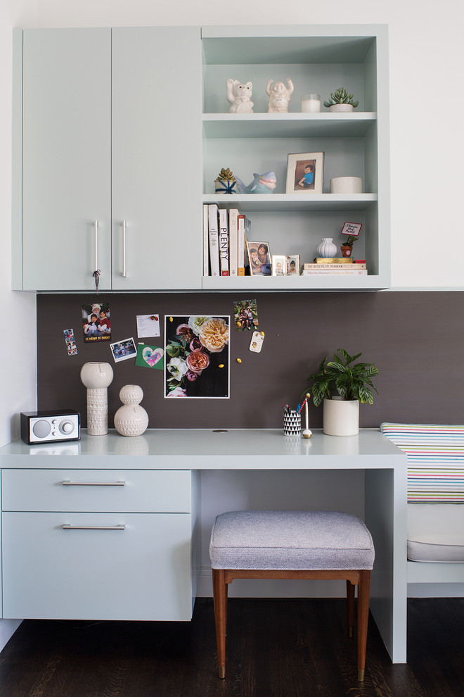 Kitchen/dining room combo - mid-sized transitional dark wood floor kitchen/dining room combo idea in San Diego with white walls