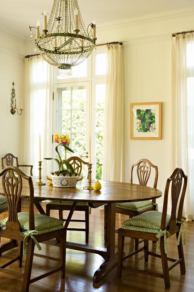 Traditional dining room in Los Angeles with white walls and dark hardwood flooring.