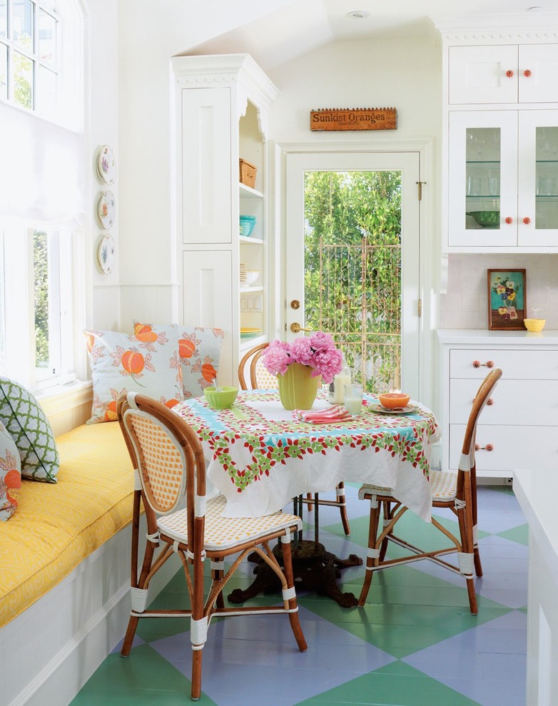 Inspiration for a mid-sized coastal painted wood floor and multicolored floor kitchen/dining room combo remodel in Los Angeles with white walls