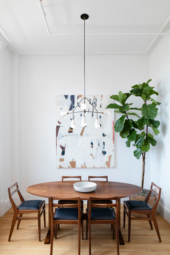 Источник вдохновения для домашнего уюта: столовая в стиле неоклассика (современная классика) с белыми стенами, светлым паркетным полом и бежевым полом