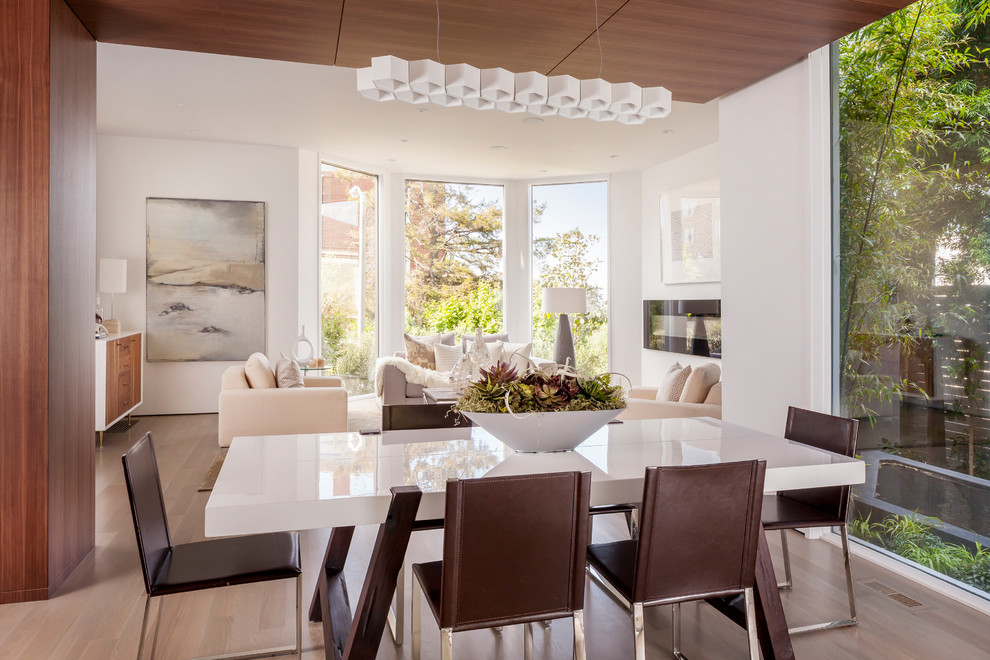 Immagine di una sala da pranzo aperta verso il soggiorno minimal di medie dimensioni con pareti bianche, parquet chiaro e camino classico
