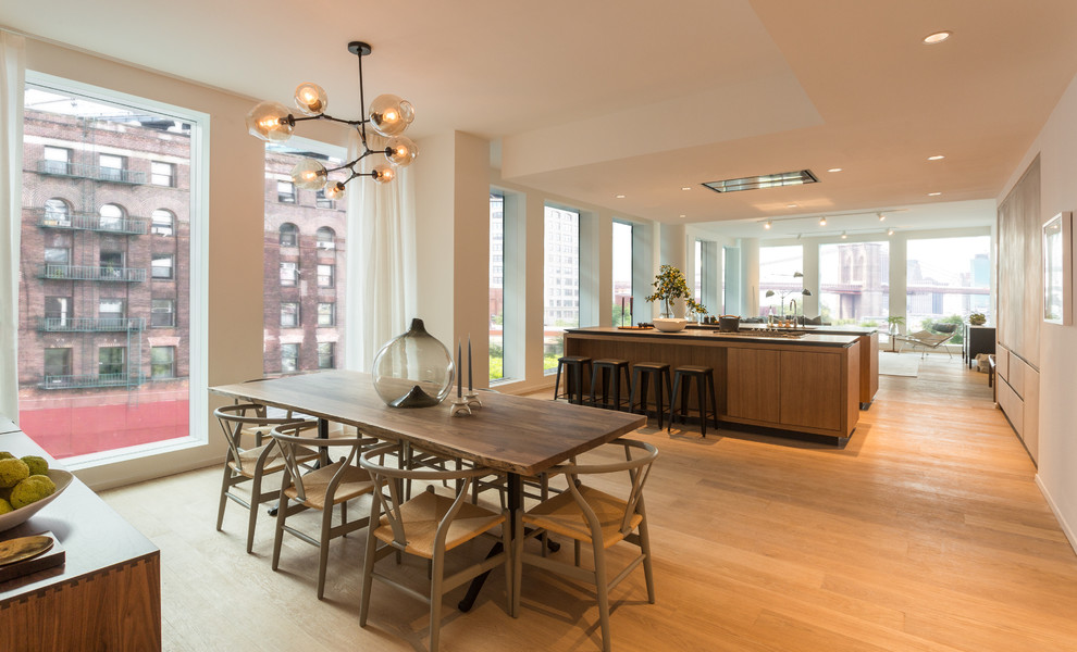 This is an example of a medium sized contemporary kitchen/dining room in New York with white walls, light hardwood flooring and no fireplace.