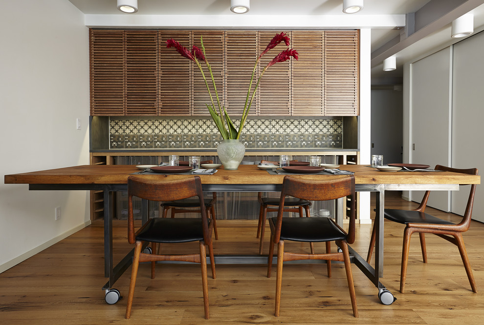 Diseño de comedor actual de tamaño medio abierto con paredes blancas y suelo de madera en tonos medios