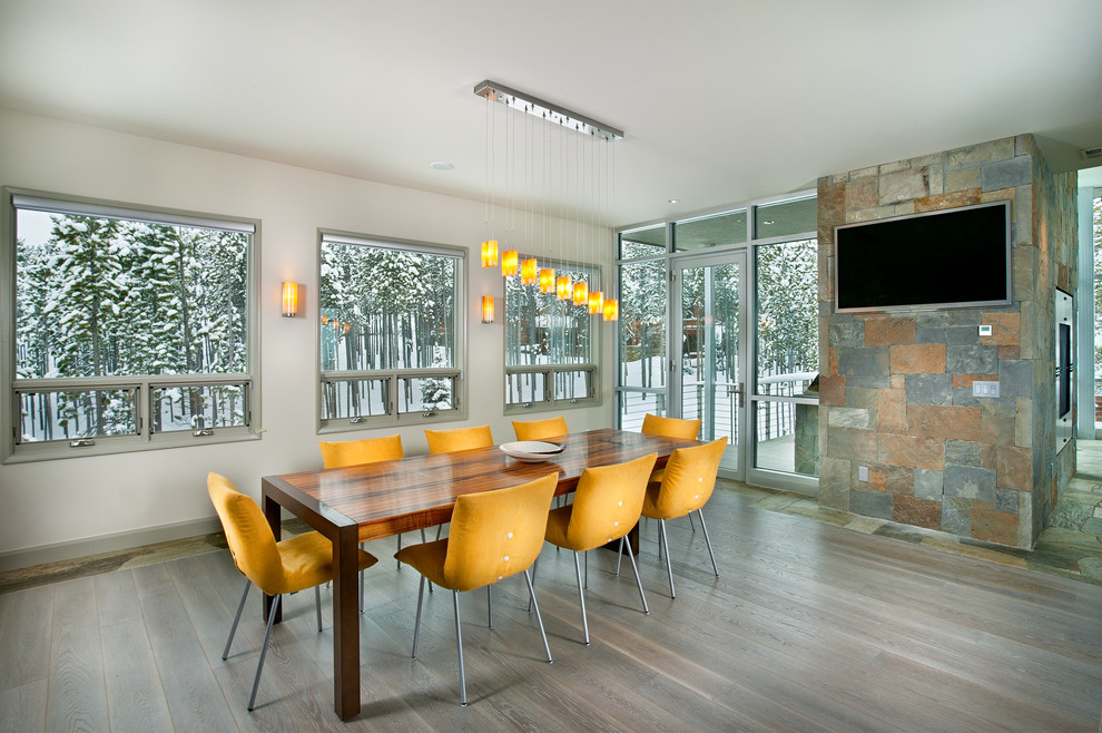 Geräumige Moderne Wohnküche mit hellem Holzboden, weißer Wandfarbe, braunem Boden, Kamin und Kaminumrandung aus Stein in Atlanta