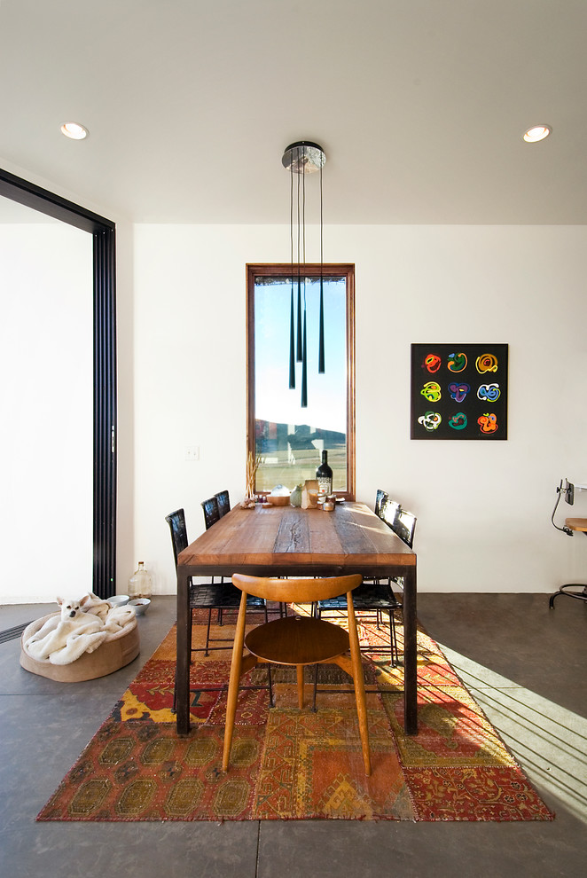 Ispirazione per una sala da pranzo minimalista con pavimento in cemento e pareti bianche