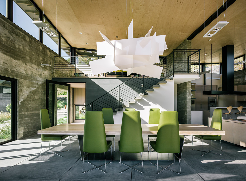 Immagine di una sala da pranzo aperta verso il soggiorno minimal con pavimento in cemento
