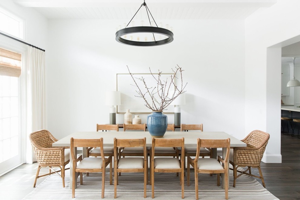 Example of a large transitional dark wood floor and brown floor dining room design in Salt Lake City with white walls