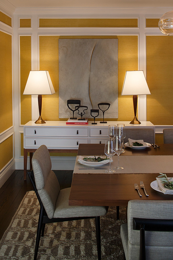 Exemple d'une salle à manger tendance de taille moyenne et fermée avec un mur jaune et parquet foncé.