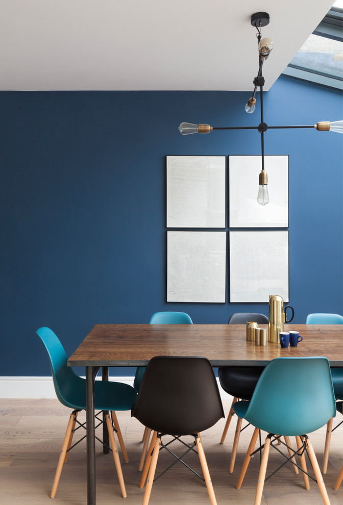 Foto de comedor actual de tamaño medio con paredes azules y suelo de madera clara
