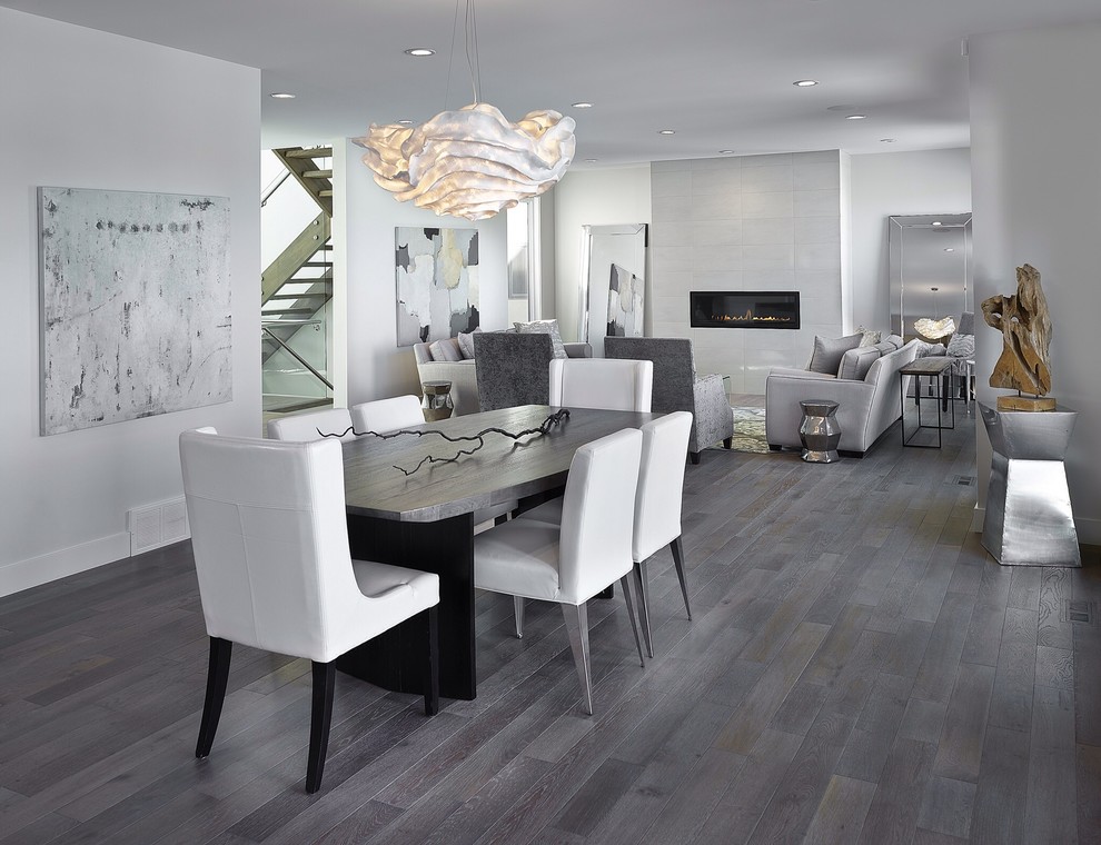 Große Moderne Wohnküche mit grauer Wandfarbe, braunem Holzboden und gefliester Kaminumrandung in Edmonton