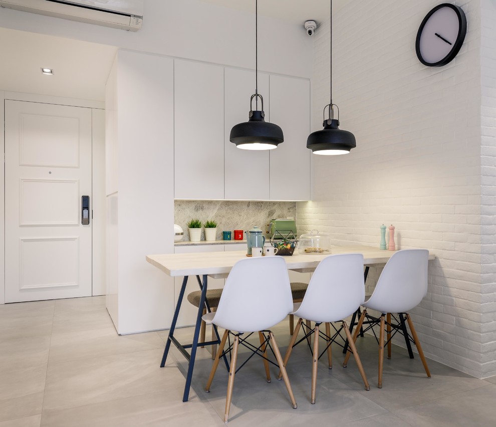 Источник вдохновения для домашнего уюта: столовая среднего размера в современном стиле с белыми стенами и полом из керамической плитки