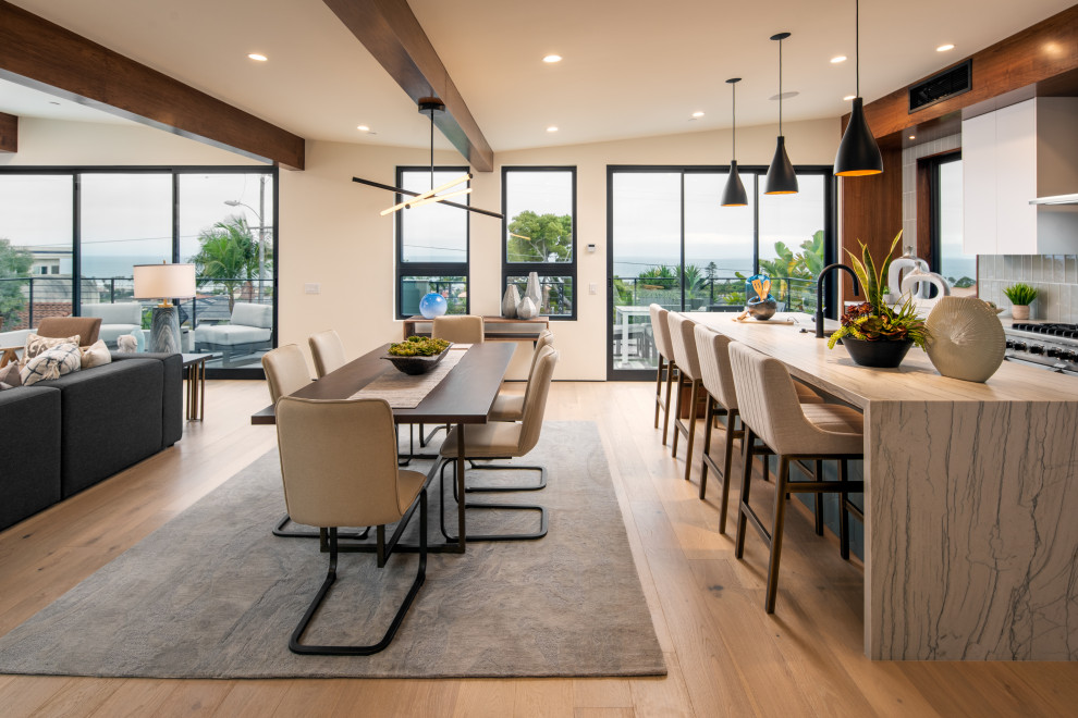 Mittelgroße Moderne Wohnküche ohne Kamin mit weißer Wandfarbe, hellem Holzboden und weißem Boden in San Diego