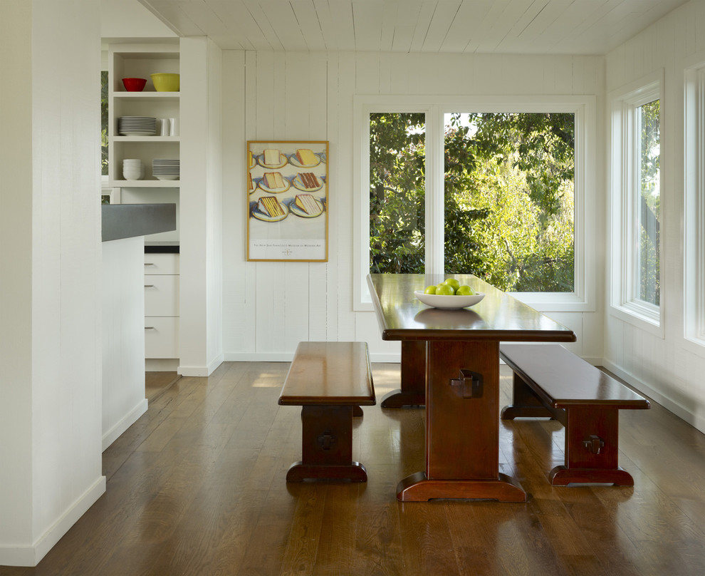 Inspiration for a transitional dark wood floor and brown floor kitchen/dining room combo remodel in San Francisco with white walls