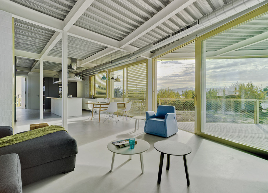 Пример оригинального дизайна: большая гостиная-столовая в стиле лофт с белыми стенами и бетонным полом без камина