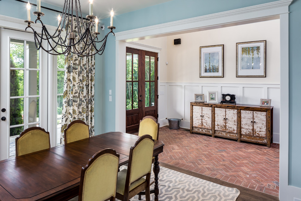 Medium sized classic enclosed dining room in Nashville with blue walls and dark hardwood flooring.