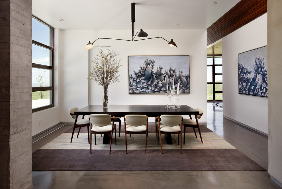 Enclosed dining room - mid-sized modern concrete floor enclosed dining room idea in Los Angeles with white walls