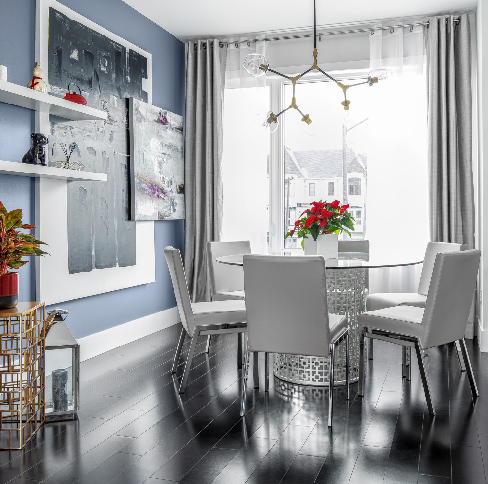 Idee per una sala da pranzo aperta verso la cucina contemporanea di medie dimensioni con pareti blu, parquet scuro e pavimento nero