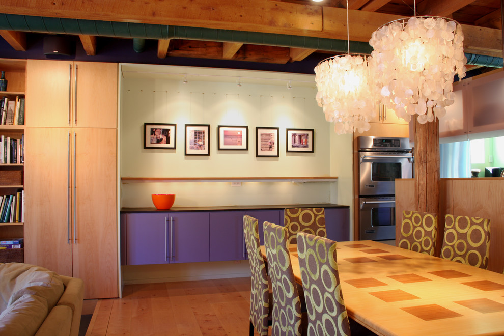 Industrial open plan dining room in Boston with medium hardwood flooring.