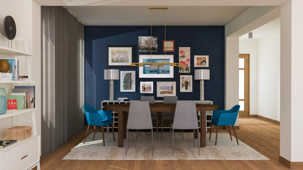 Foto di una sala da pranzo moderna chiusa e di medie dimensioni con pavimento in legno massello medio, nessun camino, pavimento marrone e pareti blu