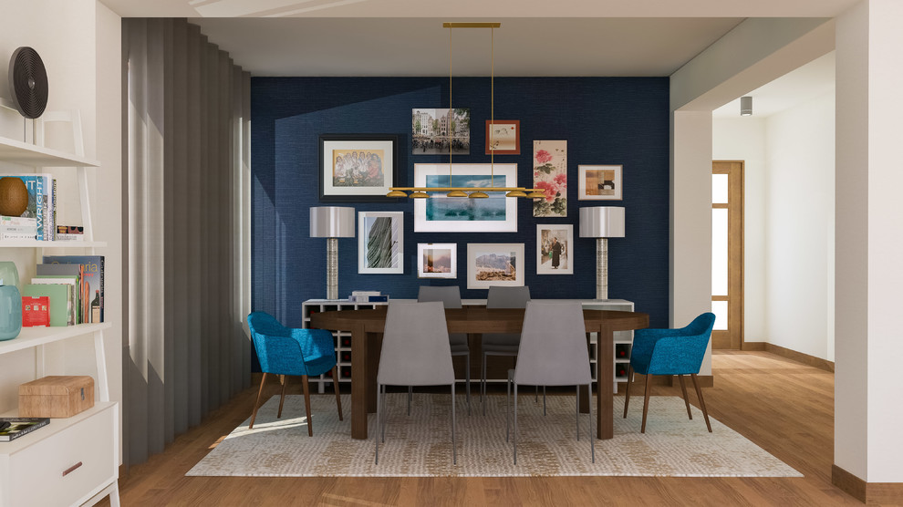 Inspiration for a mid-sized modern medium tone wood floor and brown floor enclosed dining room remodel in Seattle with no fireplace and blue walls