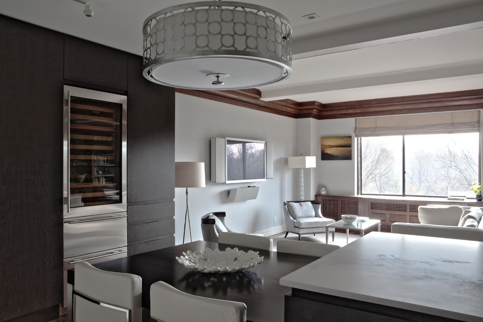 Свежая идея для дизайна: гостиная-столовая в современном стиле с белыми стенами - отличное фото интерьера