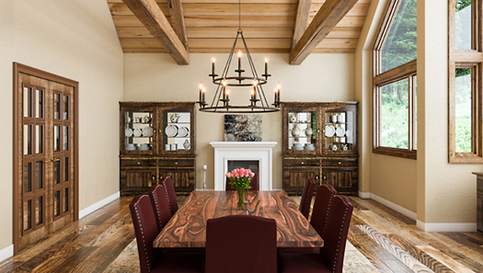 Cette photo montre une grande salle à manger ouverte sur le salon montagne avec un mur beige, un sol en bois brun, une cheminée standard, un manteau de cheminée en carrelage et un sol marron.