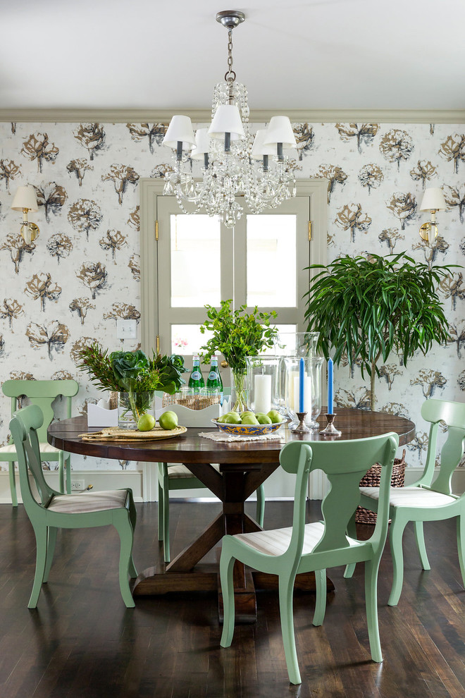Inspiration for a mid-sized timeless dark wood floor and brown floor enclosed dining room remodel in Raleigh with multicolored walls and no fireplace
