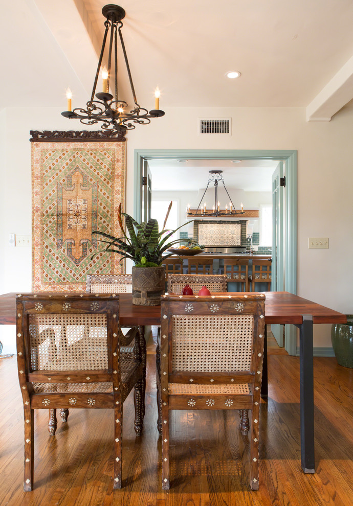 Inspiration for a bohemian dining room in Los Angeles with white walls and medium hardwood flooring.