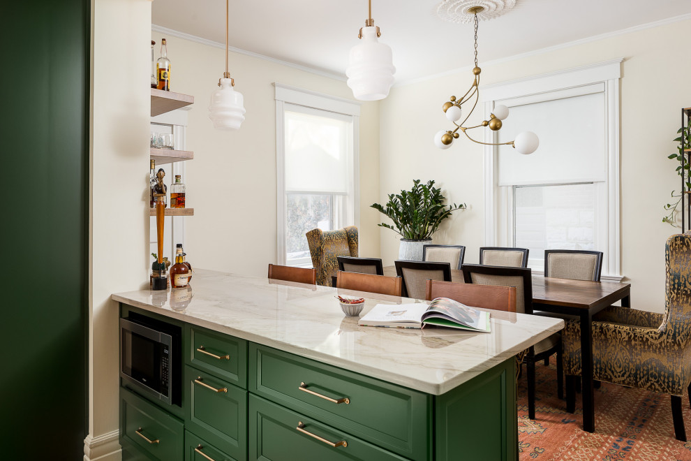Kitchen/dining room combo - small transitional medium tone wood floor kitchen/dining room combo idea in Louisville with white walls