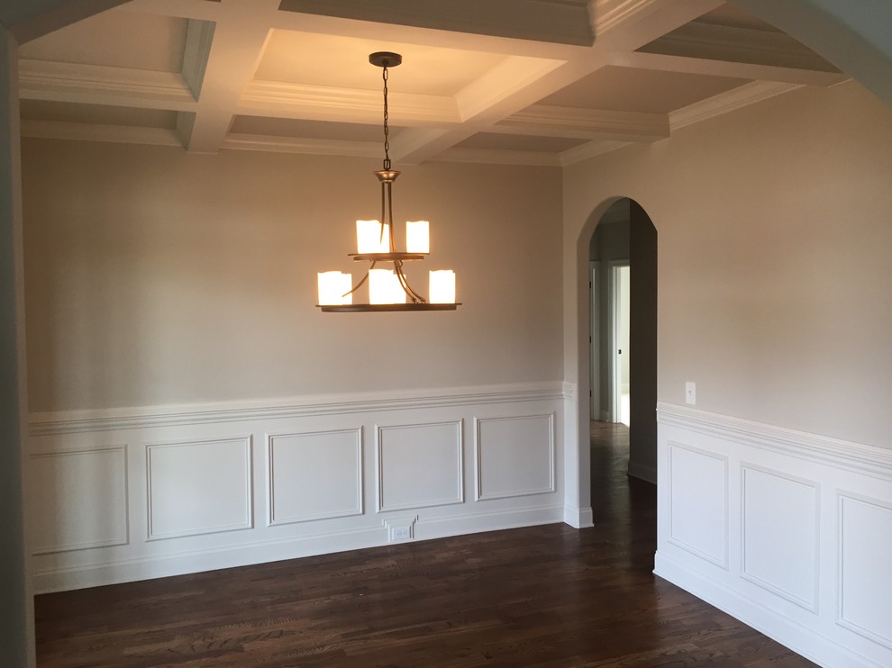 Example of a mid-sized classic dark wood floor enclosed dining room design in Nashville with beige walls and no fireplace