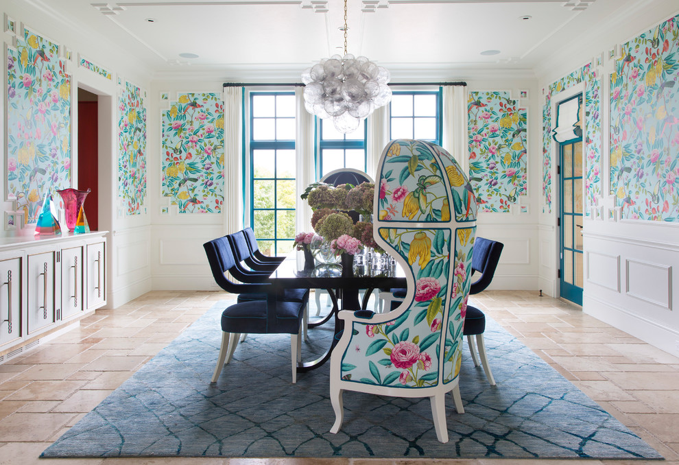 Kitchen/dining room combo - large eclectic beige floor kitchen/dining room combo idea in Denver with multicolored walls and no fireplace