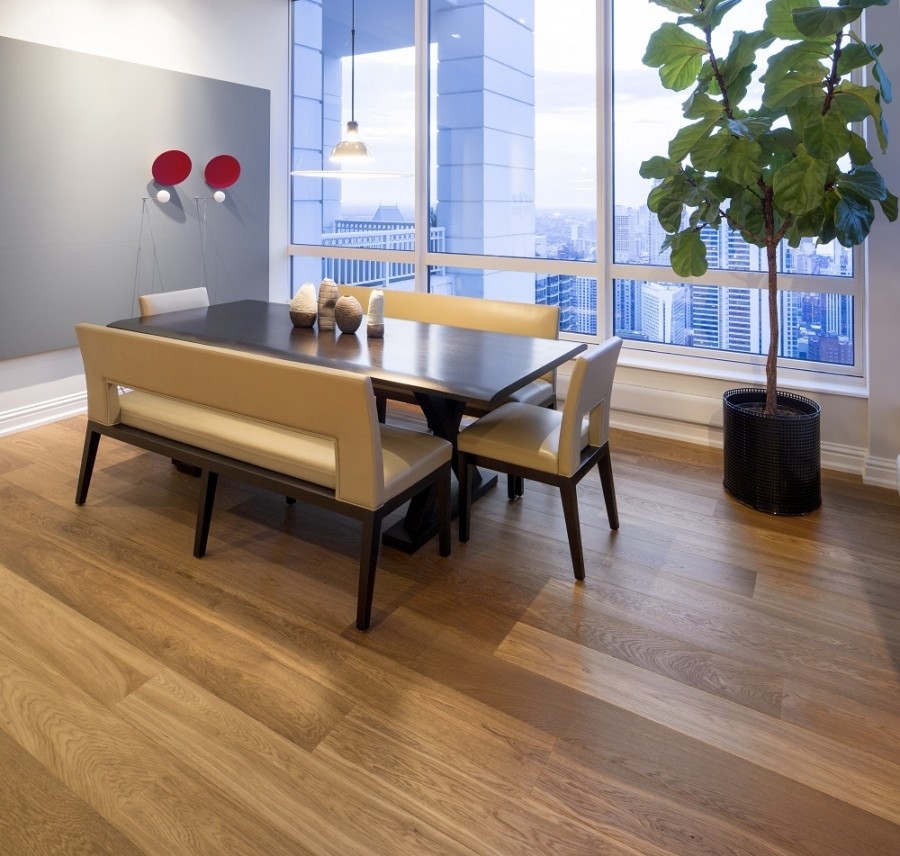 Kleines Modernes Esszimmer mit braunem Holzboden in Chicago