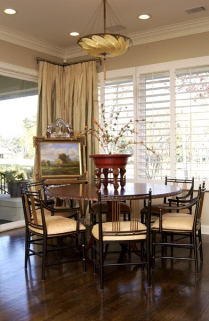 Example of a mid-sized transitional dark wood floor enclosed dining room design in Other