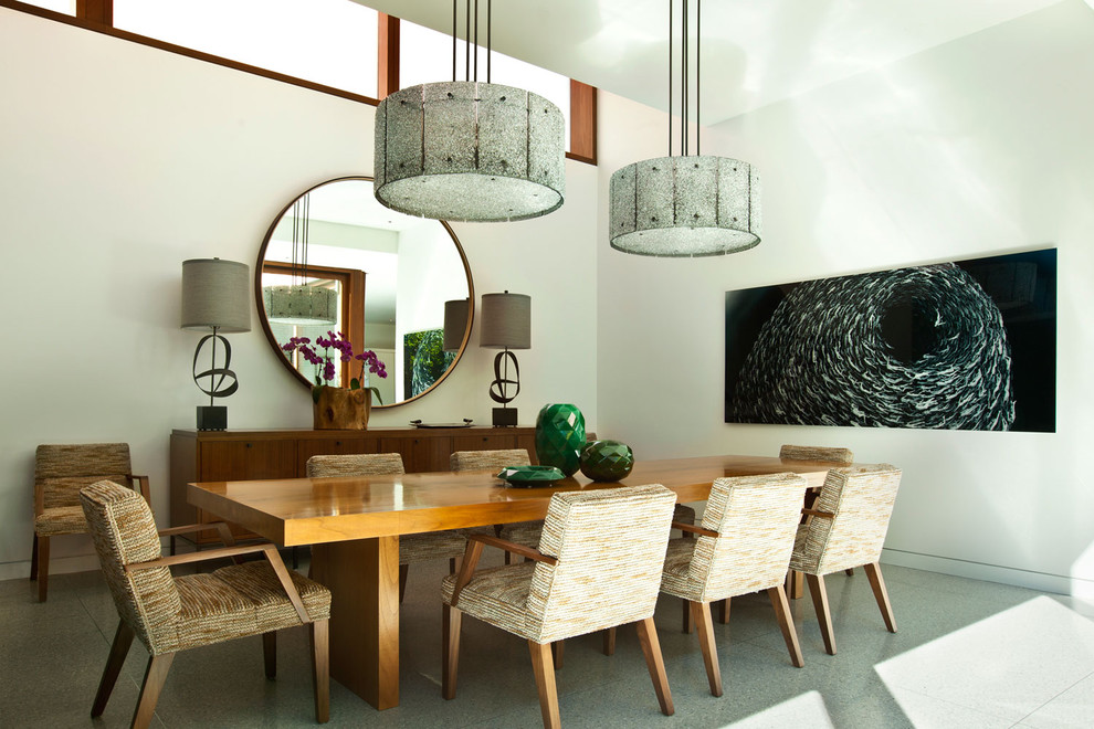 Design ideas for a contemporary dining room in Chicago with white walls.