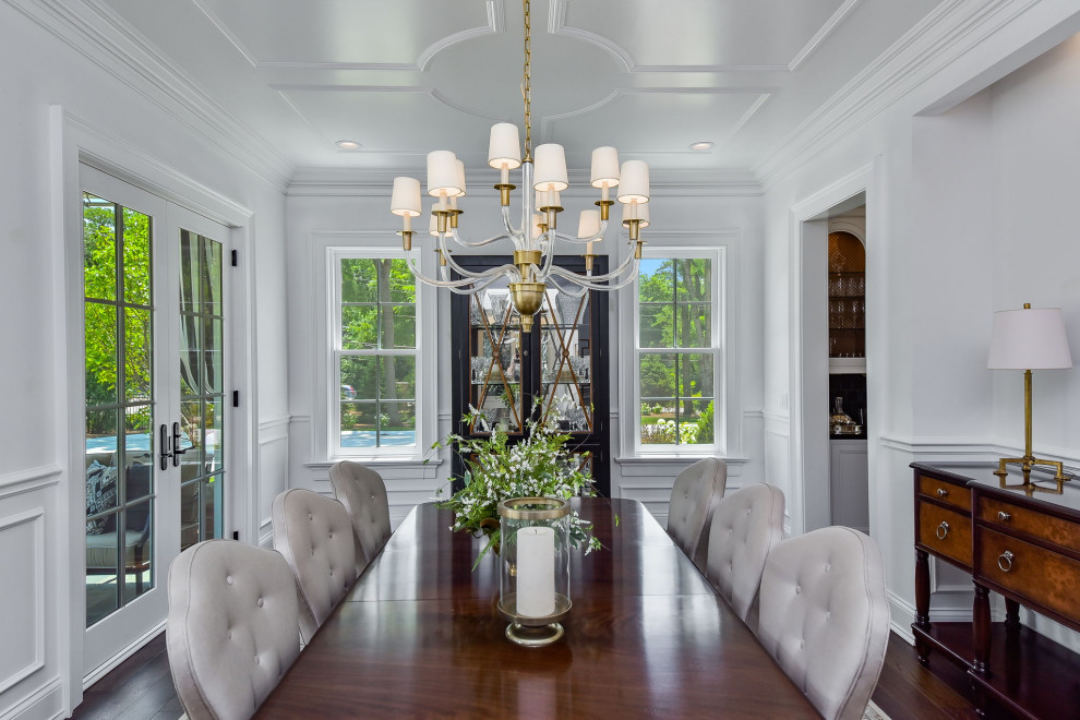 Enclosed dining room - large transitional dark wood floor and wainscoting enclosed dining room idea in Chicago with white walls and no fireplace