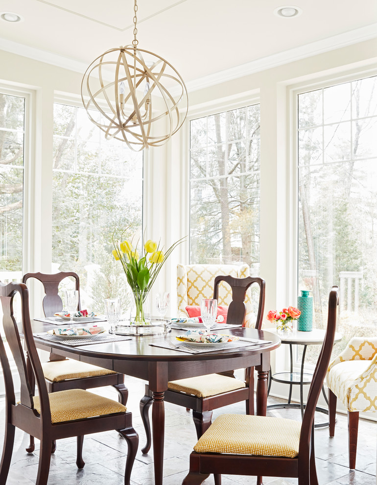 Dining room - mid-sized transitional slate floor and gray floor dining room idea in Richmond with no fireplace and beige walls