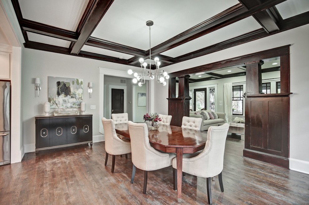 Photo of a medium sized classic kitchen/dining room in Atlanta with grey walls, dark hardwood flooring and brown floors.