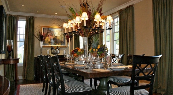 Large classic enclosed dining room in New York with beige walls, dark hardwood flooring and no fireplace.
