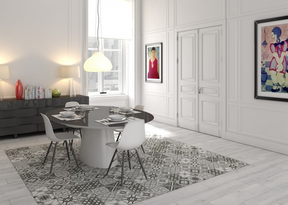 Ispirazione per una sala da pranzo classica chiusa e di medie dimensioni con pareti bianche e pavimento in gres porcellanato