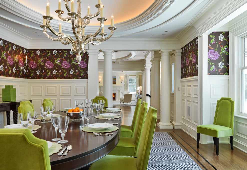 Elegant dining room photo in Boston with multicolored walls